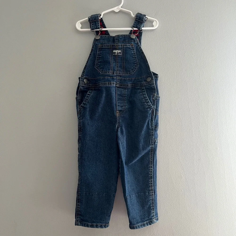 OshKosh‎ Bgosh Toddler 2T Blue Denim Vestbak Overalls Red Plaid Trim Cargo